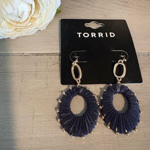 Torrid Navy Fabric Hoop Drop Earrings with Gold Accents